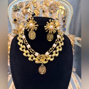 Napier Gold Pearl Multi-Row Statement Necklace & Earrings Set
